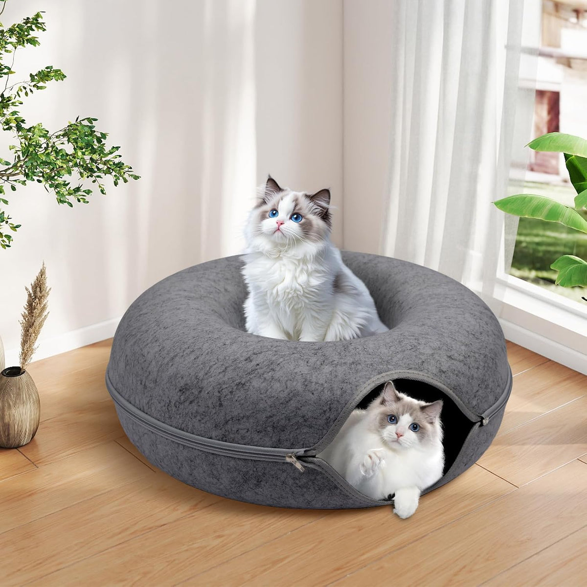 Large Peekaboo Cat Cave Donut Tunnel 24" for Indoor Cats, Dark Grey