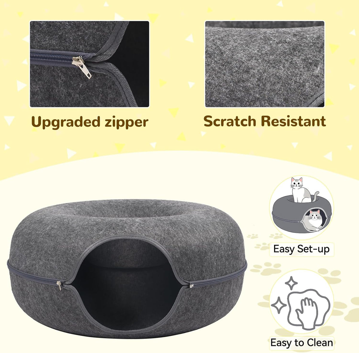 Large Peekaboo Cat Cave Donut Tunnel 24" for Indoor Cats, Dark Grey