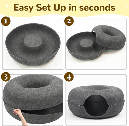 Large Peekaboo Cat Cave Donut Tunnel 24" for Indoor Cats, Dark Grey