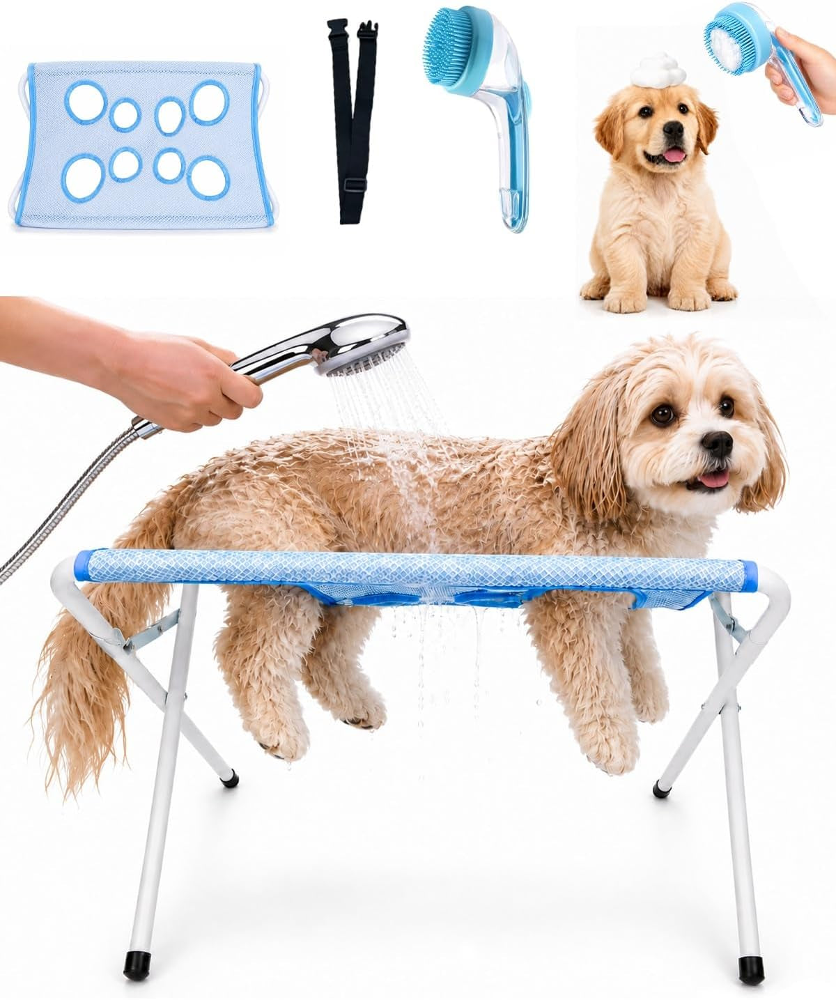 Foldable Pet Bathing Stand, Dog Grooming Hammock with Quick-Dry Mesh, 44 Lb