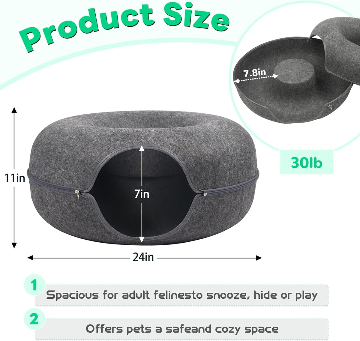 Large Peekaboo Cat Cave Donut Tunnel 24" for Indoor Cats, Dark Grey