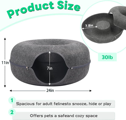 Large Peekaboo Cat Cave Donut Tunnel 24" for Indoor Cats, Dark Grey