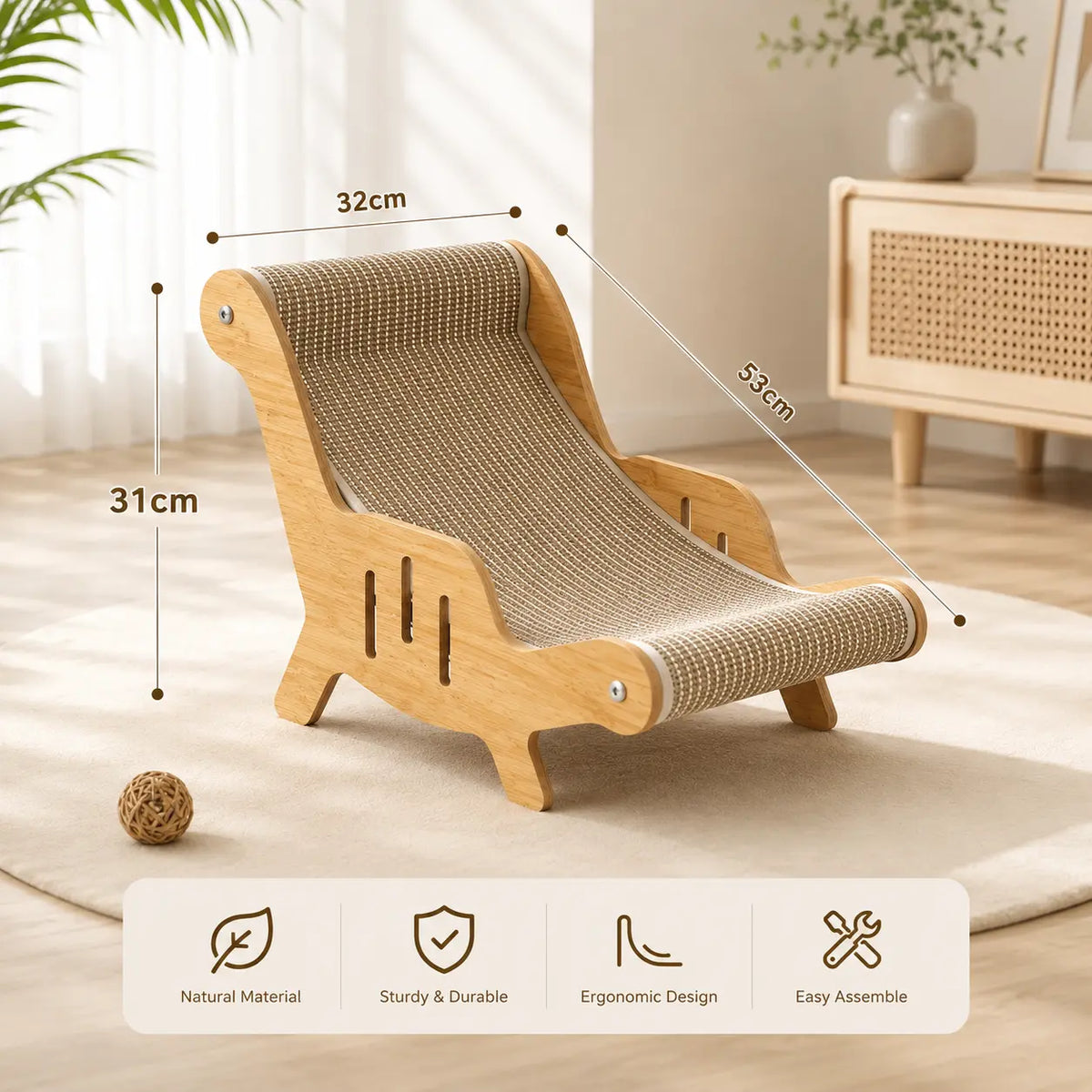 2-In-1 Natural Sisal Fiber Cat Scratcher with Hammock & Lounge Chair, No Shedding, Breathable, Durable All-Season Cat Bed for Claw Sharpening & Rest, Natural Sisal Scratcher